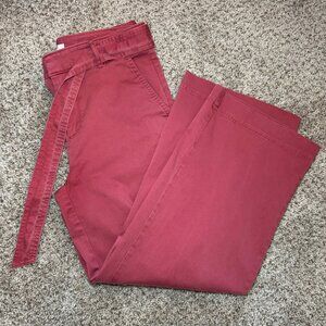 LOFT Red Wide Leg High Waist Cotton Pants Size 6 Tie Belt Work Casual Stretch